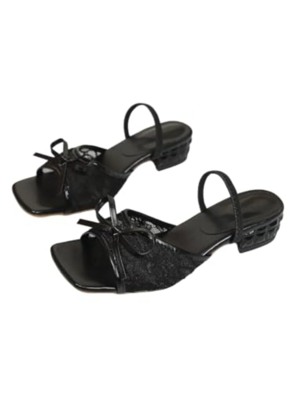 Womens Lace Kitten Heels Bow Slip On Square Toe Ankle Strap Dress Sandals